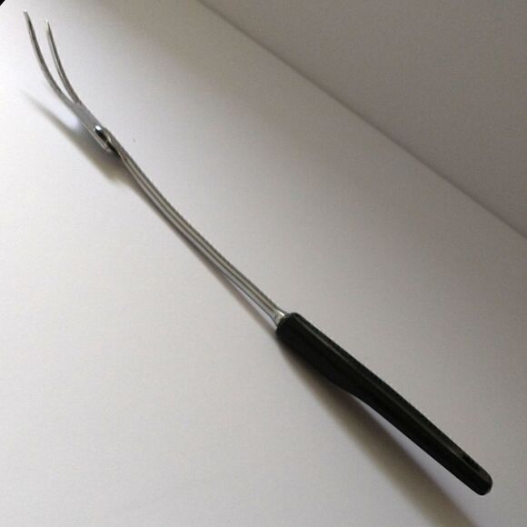 Vintage FOLEY Meat Fork Chrome Plated Carving Serving Black Handle USA Retro - Picture 5 of 16